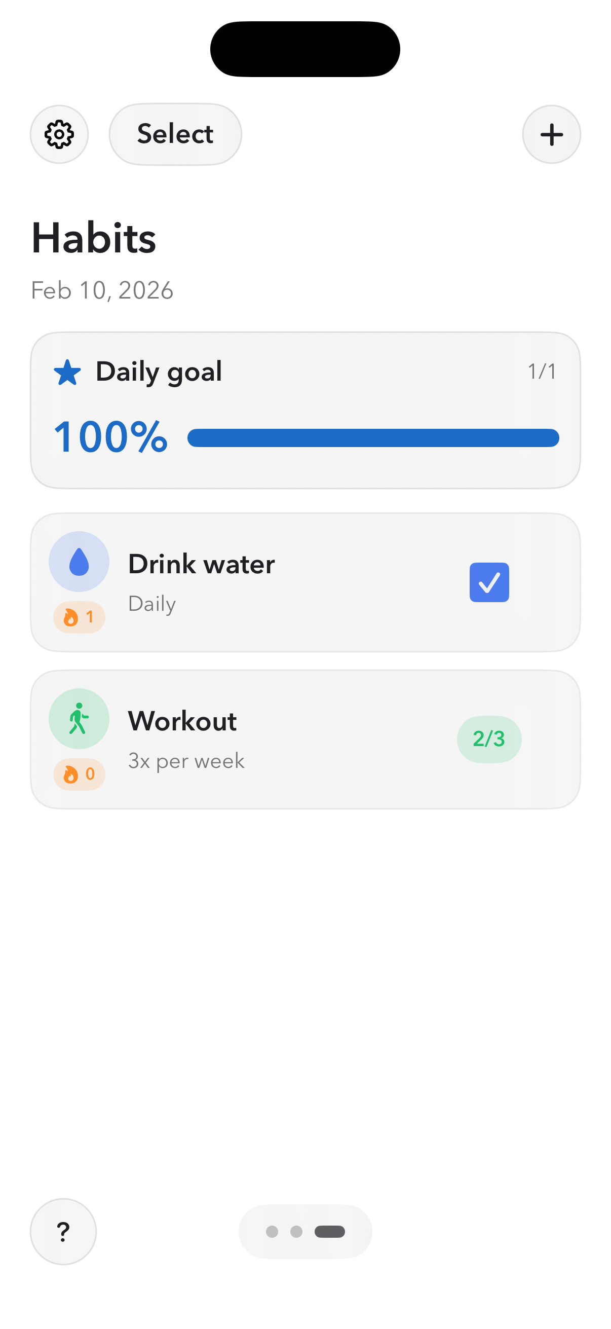 Habits view with streaks and daily progress