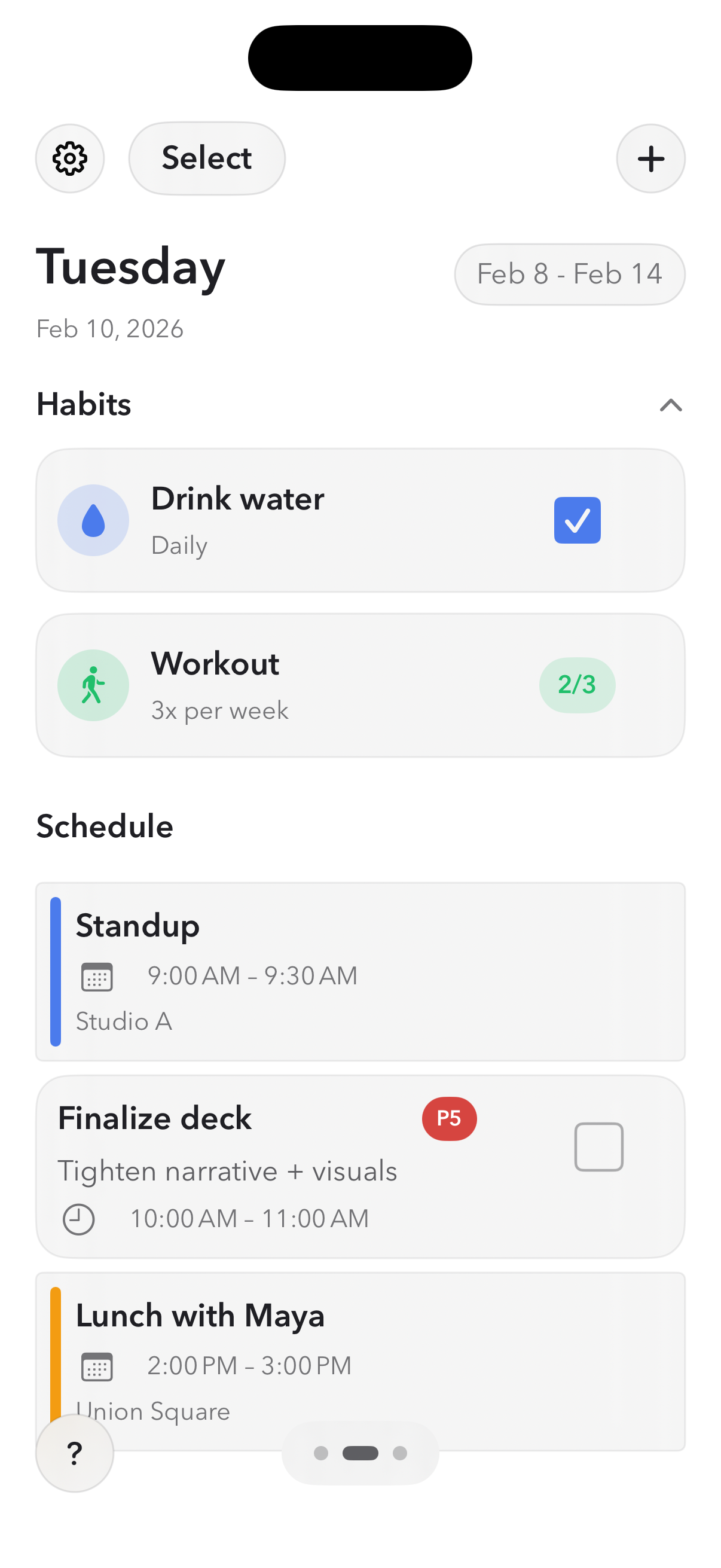 Main scheduler view showing daily focus blocks