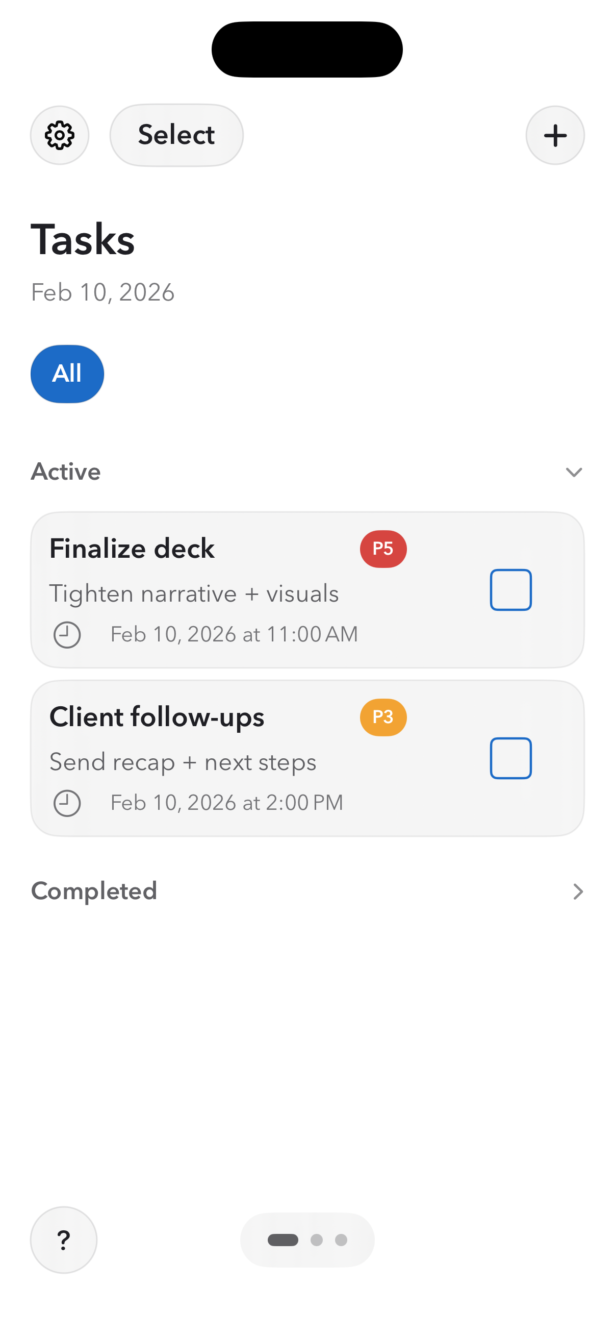 Tasks view with priority list and focus suggestions